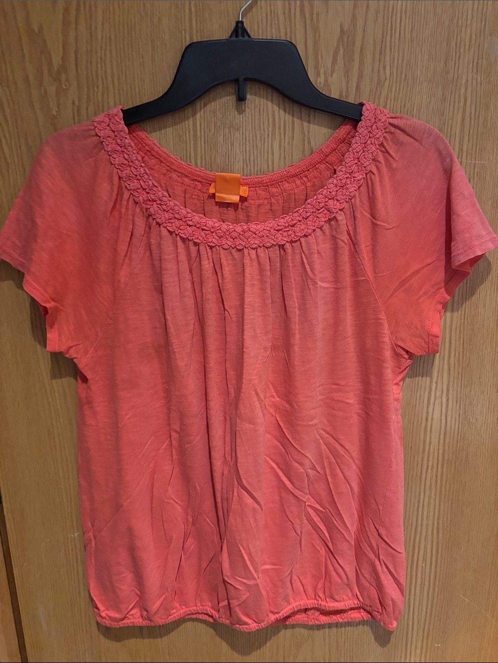 Joe Fresh, short sleeve blouse with decorative round neckline, orange, Medium